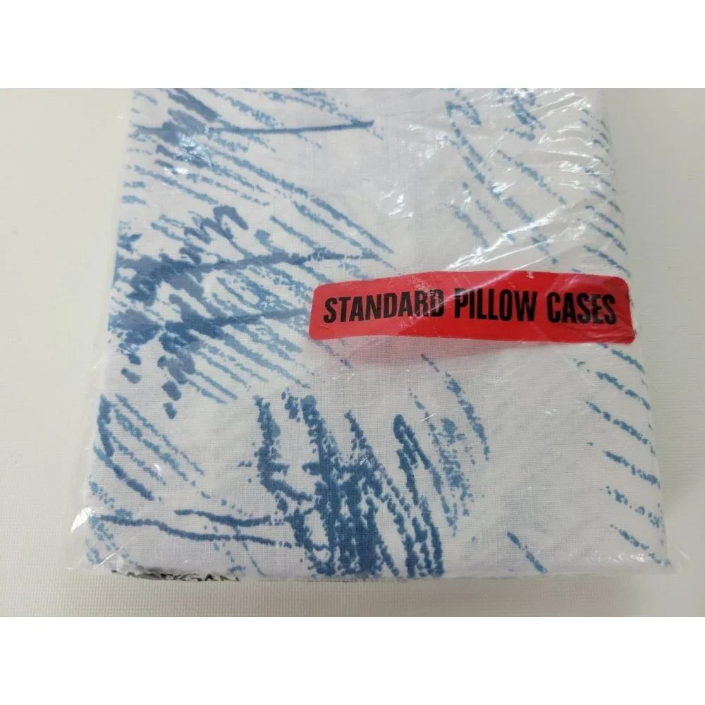 2‎ Vintage NIP Morgan Jones Muslin Standard Pillow Cases White Blue USA